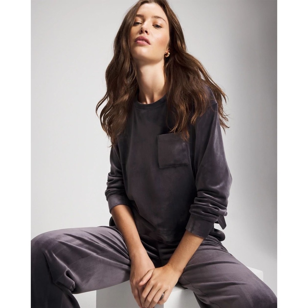 Soma 24/7 Velour Crewneck Sweatshirt Womens S Gray Pocket Cozy Loungewear Velvet